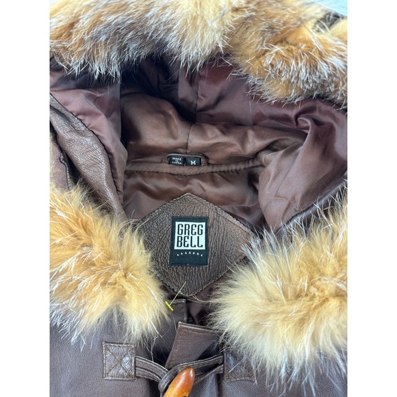 Greg Bell Men's Brown Leather Fur Hooded Duffle Coat Parka Size M - Picture 6 of 10